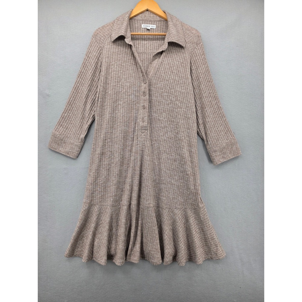 Robbie Bee Ribbed Knit Henley Dress Taupe Brown Ruffle Hem Long Sleeve Plus 1X